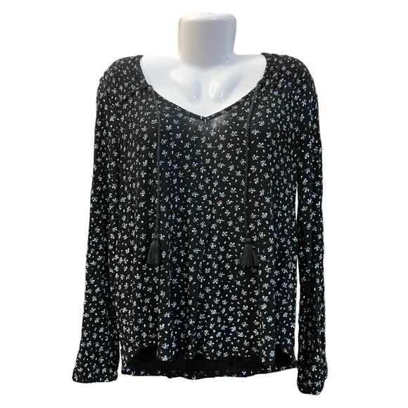 Lucky Brand Women's Black w/ Blue Floral Design w/ Tassels Boho Blouse | Size L - Picture 1 of 11
